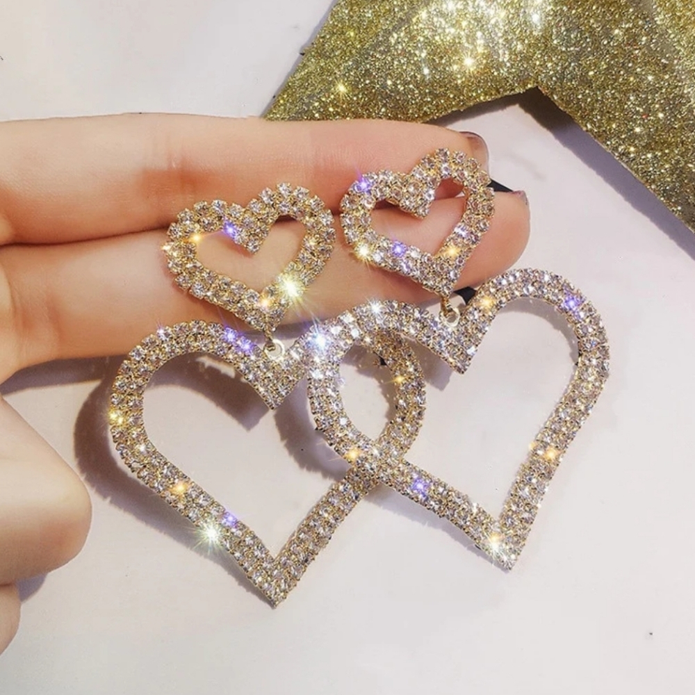 Gold Rhinestone Double Heart Dangle Earrings 925 Silver Post